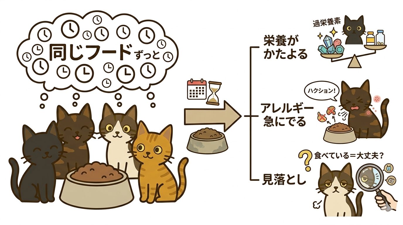 猫のフードを長期間続けるリスクをまとめたイラスト