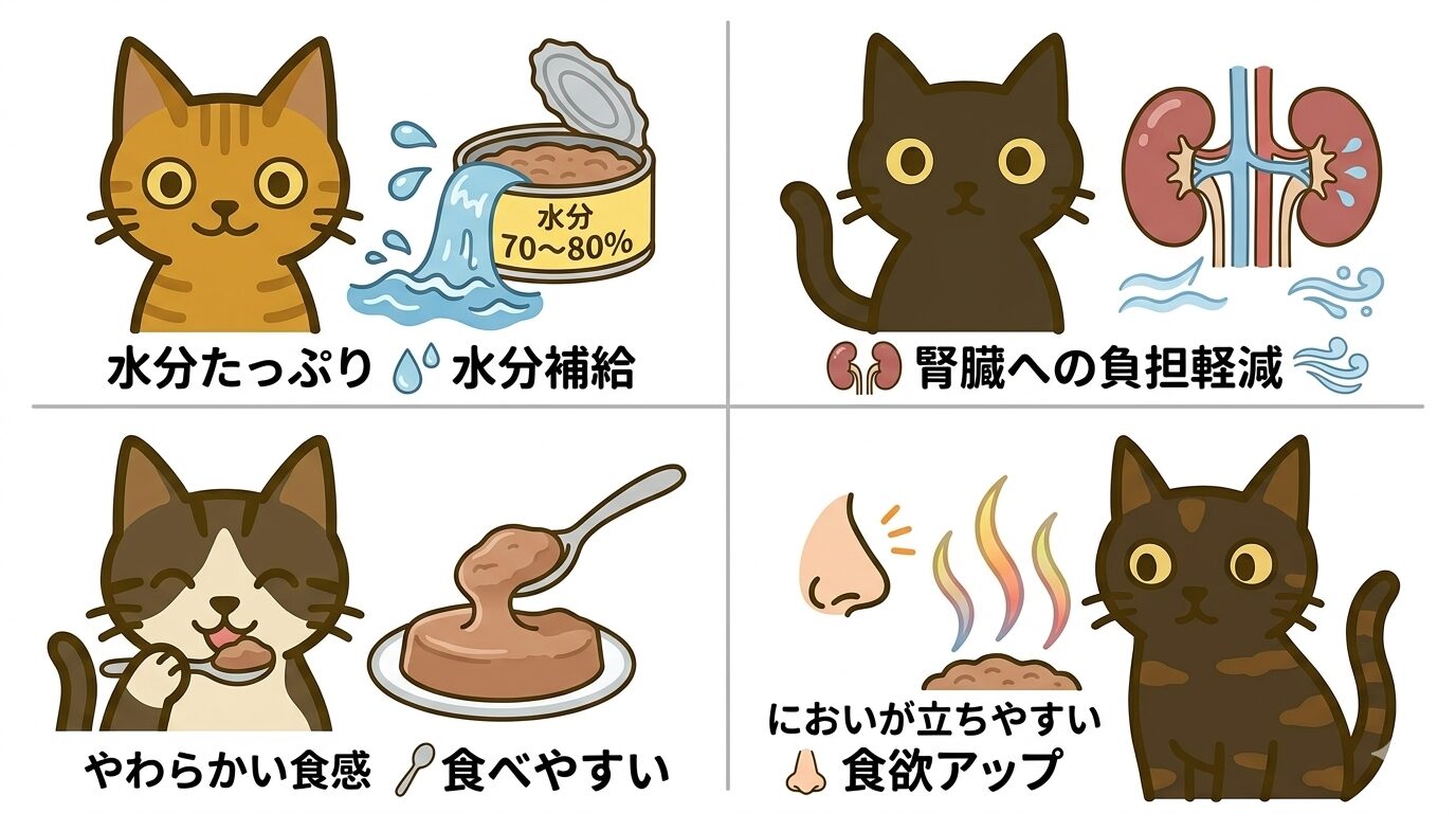 ウェットフードの水分メリットをキャラクター猫で図解したグラフィックレコード