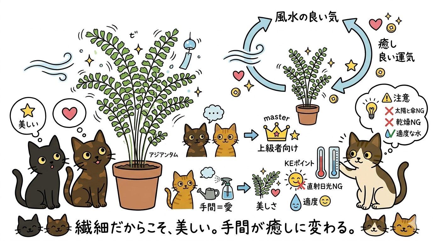 アジアンタムの特徴と猫との相性をまとめたイラスト