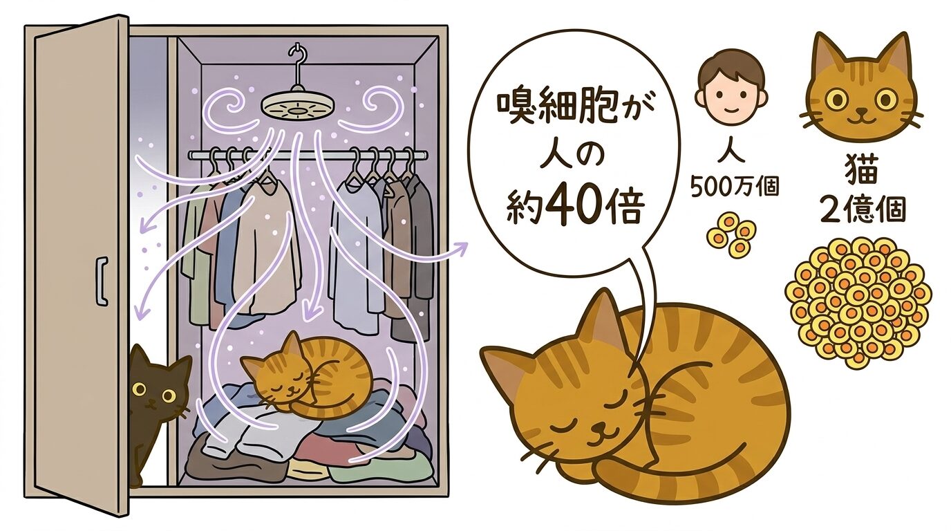 クローゼット内の猫と衣類防虫剤の揮発成分・猫の嗅細胞の多さを示すグラフィックレコード