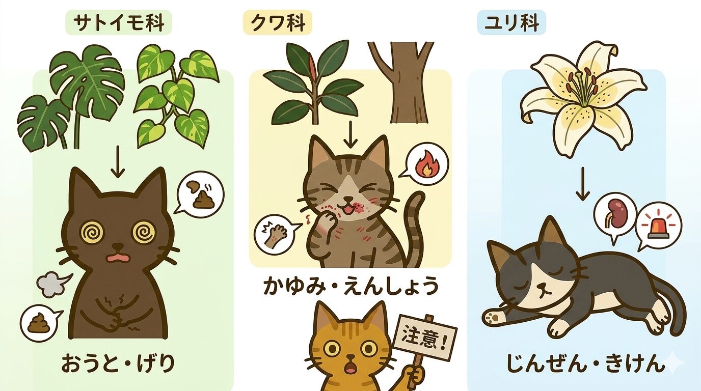 猫に危険な3つの科目をわかりやすく説明するイラスト