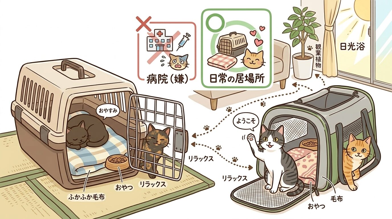 普段の居場所として部屋に置かれたキャリーでくつろぐ猫のイラスト