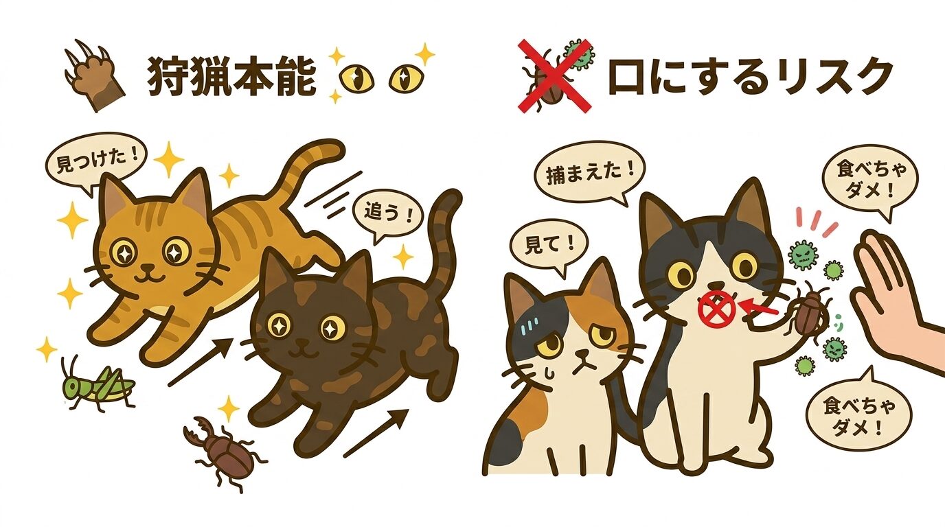 猫がゴキブリを追いかける狩猟本能のイラスト