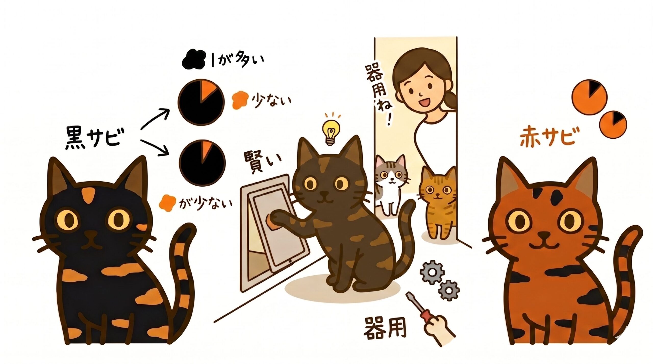 サビ猫の黒サビ・赤サビの違いと賢さを示すグラフィックレコード