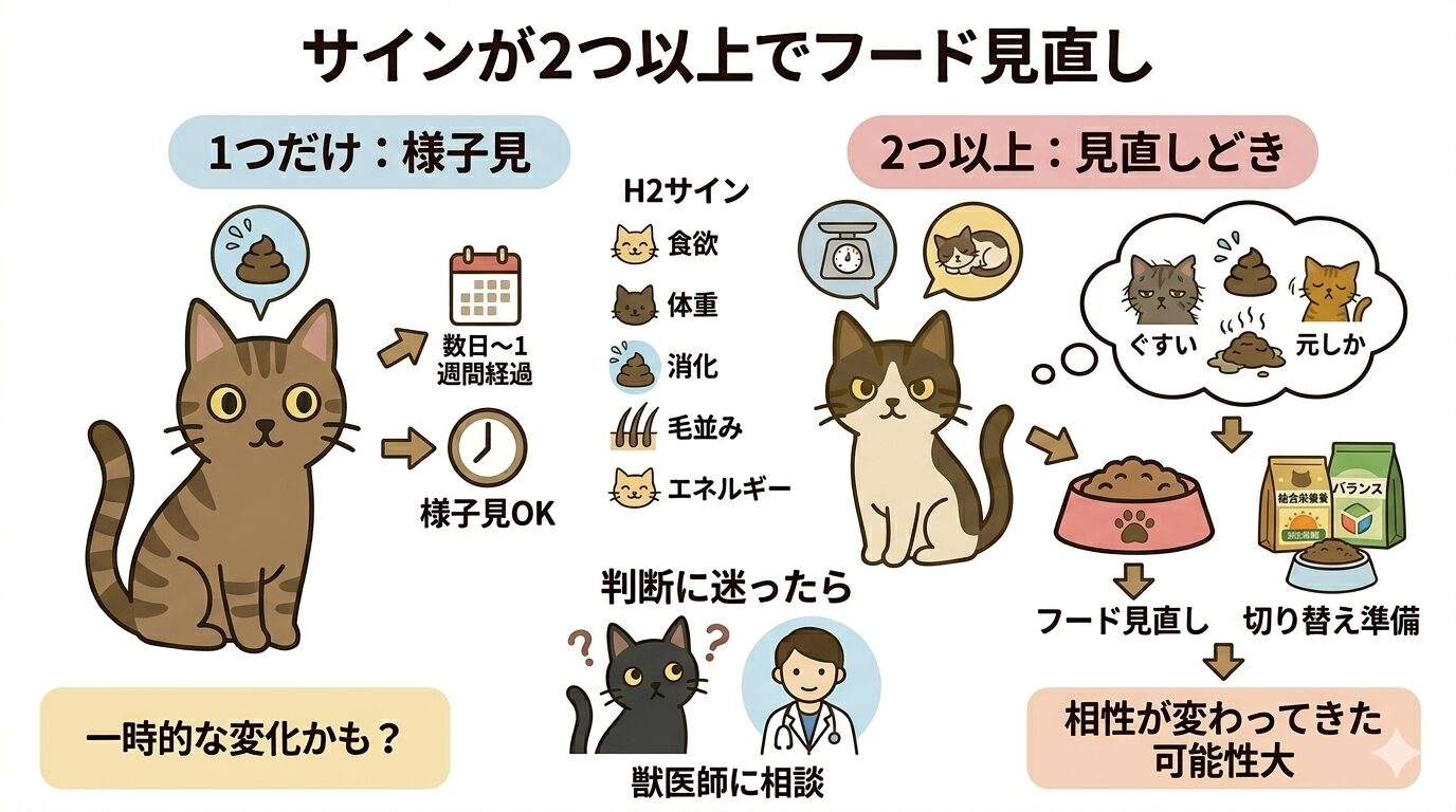 猫のフード見直し判断基準をまとめたイラスト