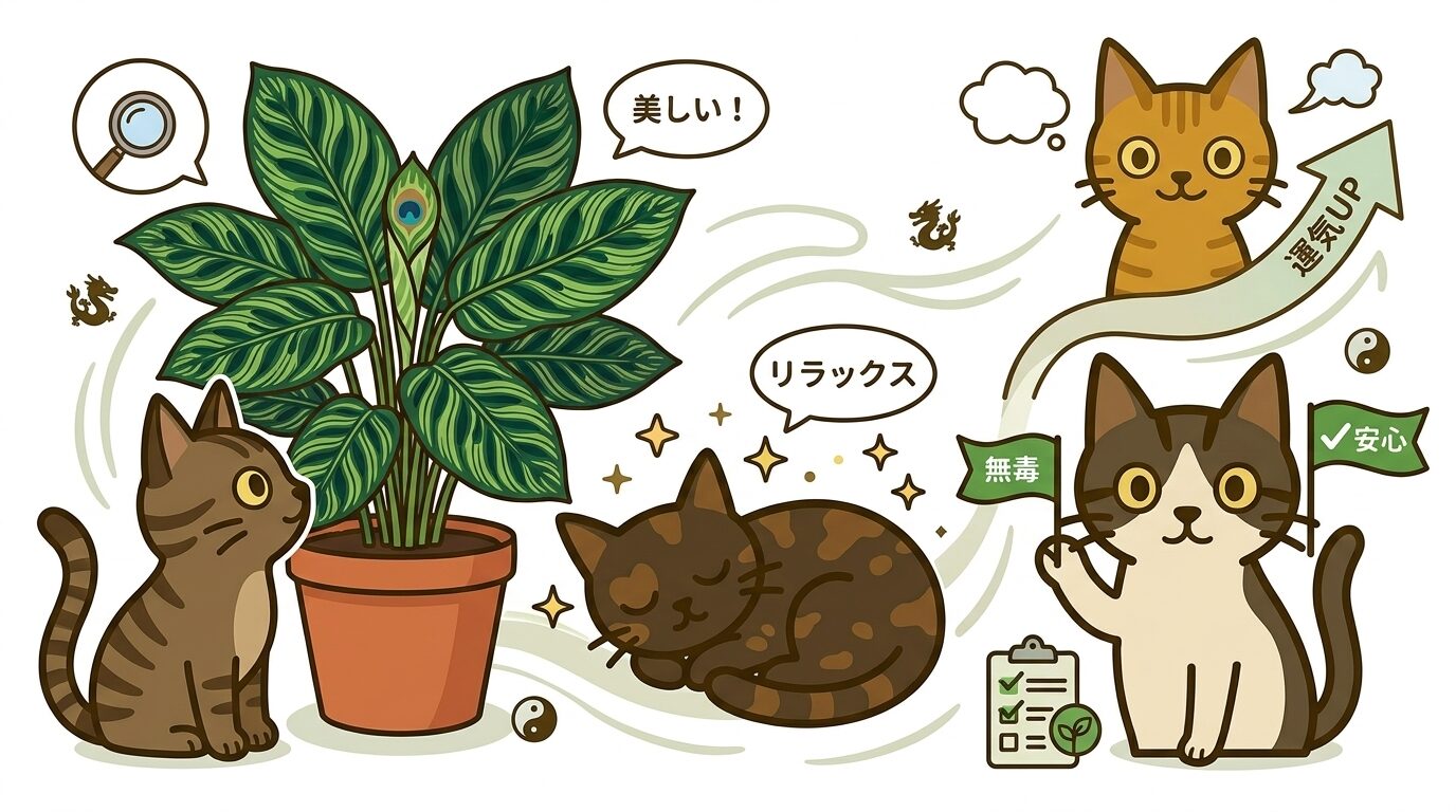 カラテアの特徴と猫との相性をまとめたイラスト