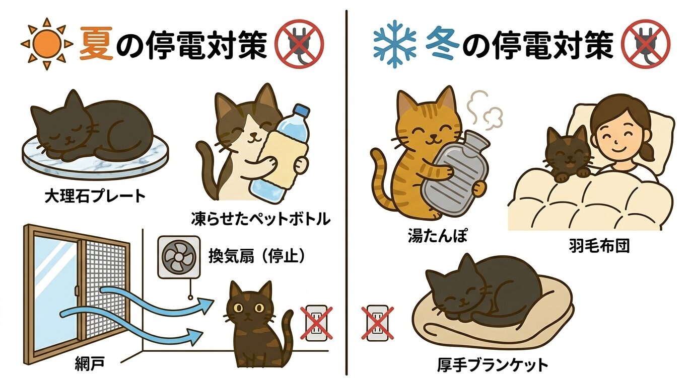 夏の大理石プレートや冷却アイテム、冬の湯たんぽや羽毛布団で過ごす猫たちのイラスト