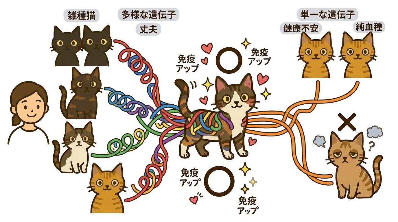 雑種猫の遺伝的多様性が体の強さにつながる仕組みのグラフィックレコード