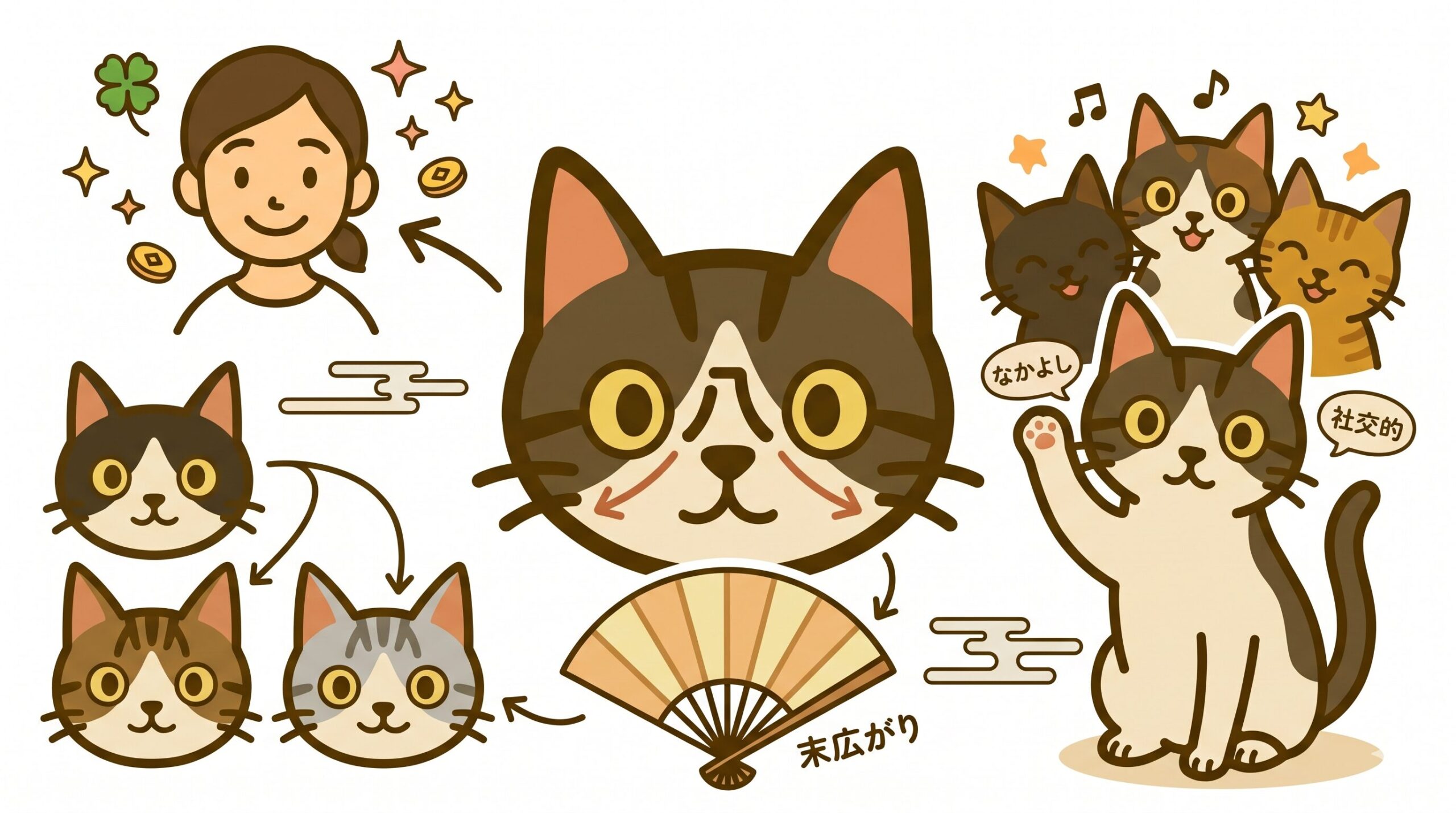 ハチワレ猫の特徴と縁起のよさを示すグラフィックレコード