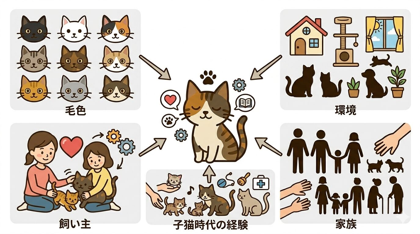 猫の性格を左右するさまざまな要因を示すグラフィックレコード