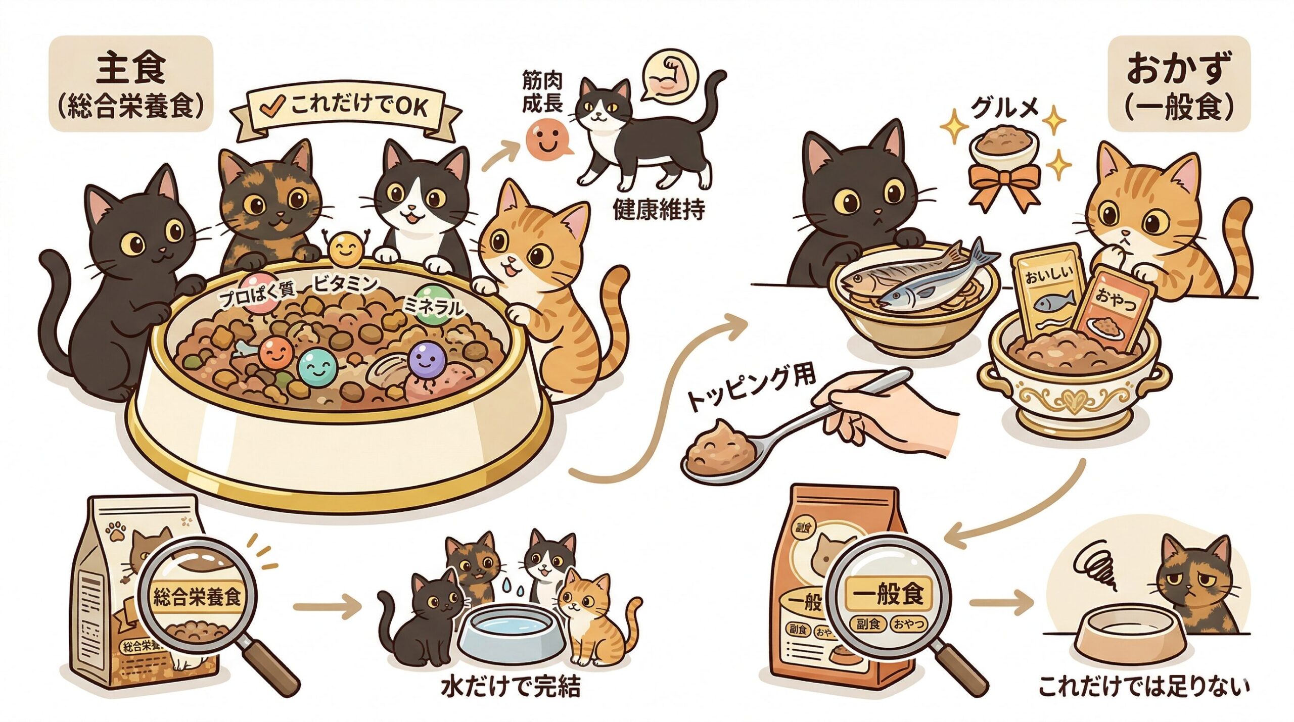 総合栄養食と一般食の違いをキャラクター猫で図解したグラフィックレコード