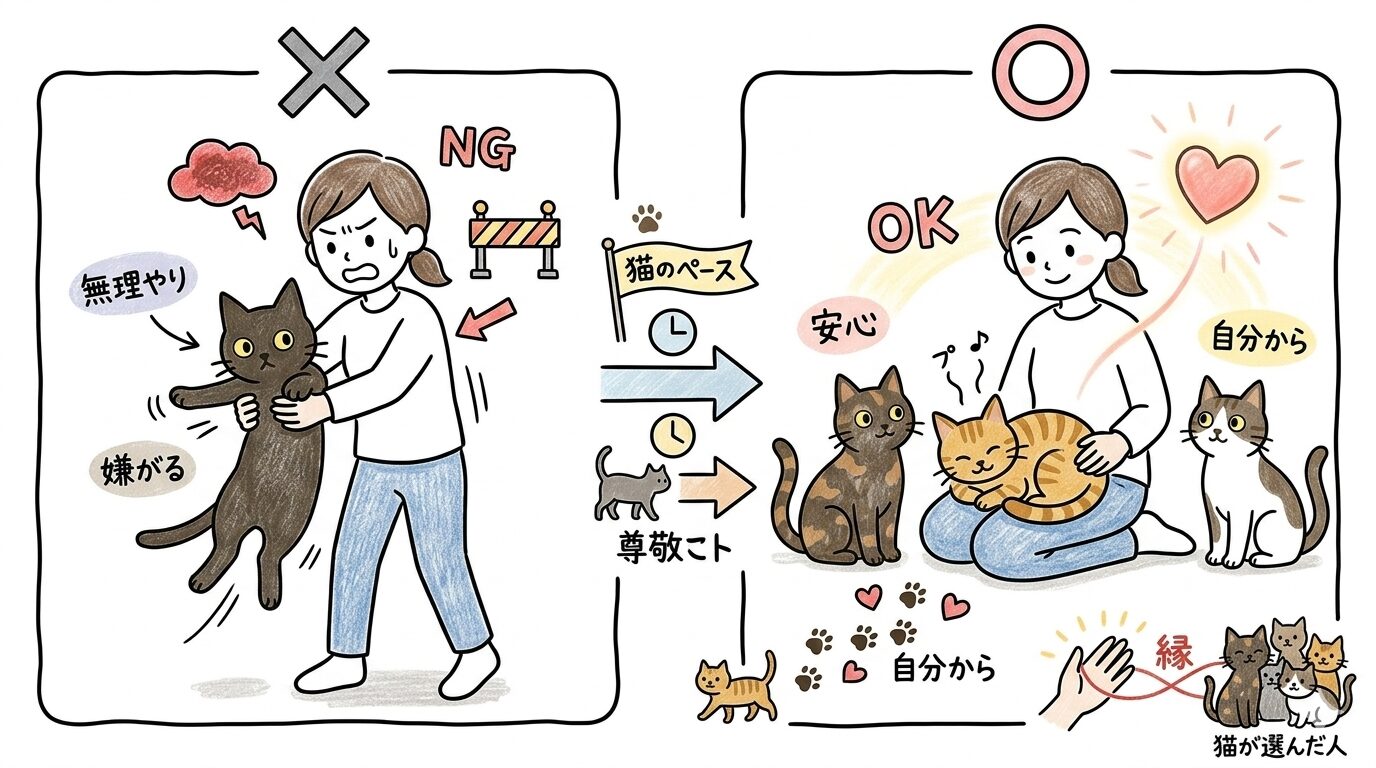 猫のペースを尊重する関わり方と無理に近づく関わり方の対比を描いたグラフィックレコード