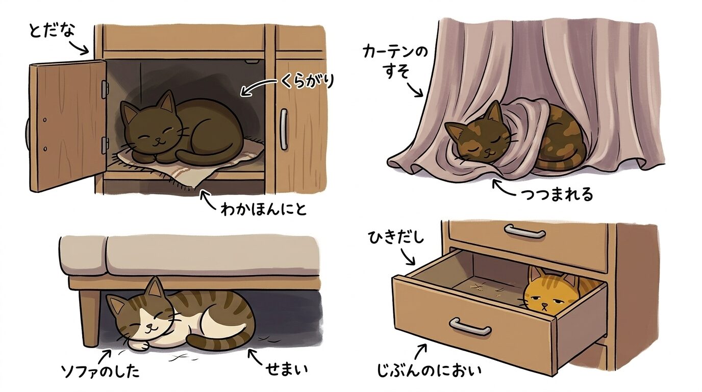 戸棚・カーテン・ソファ下・引き出しの奥にそれぞれ隠れている猫たちのイラスト