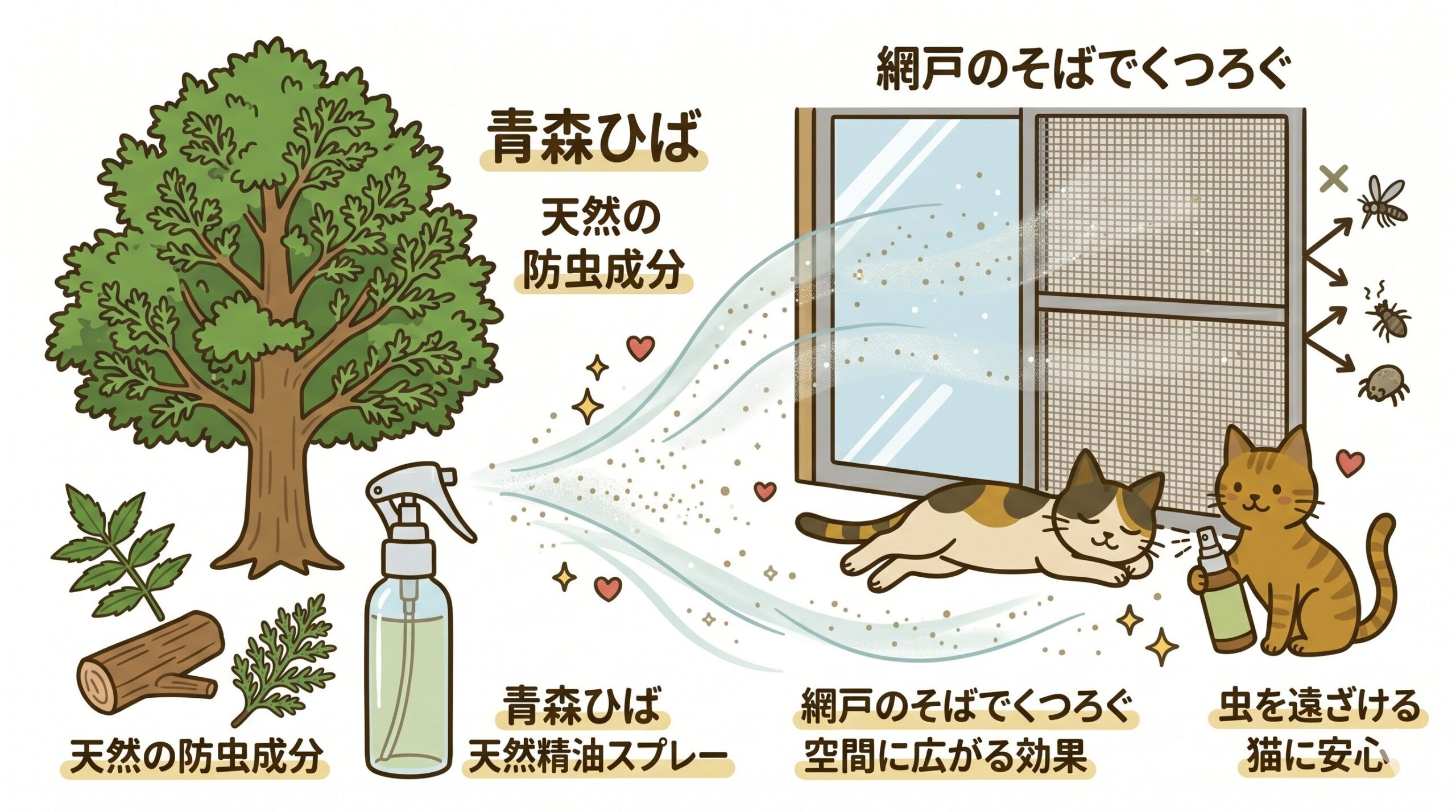 青森ひばオイルと猫がいる空間への使い方イラスト解説