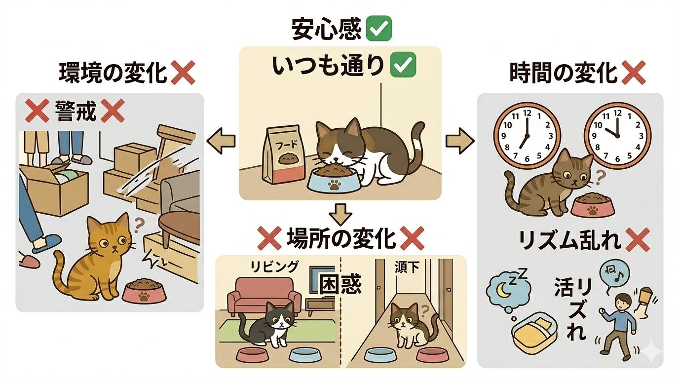 フード切り替え時に環境変化を避けるポイントのイラスト