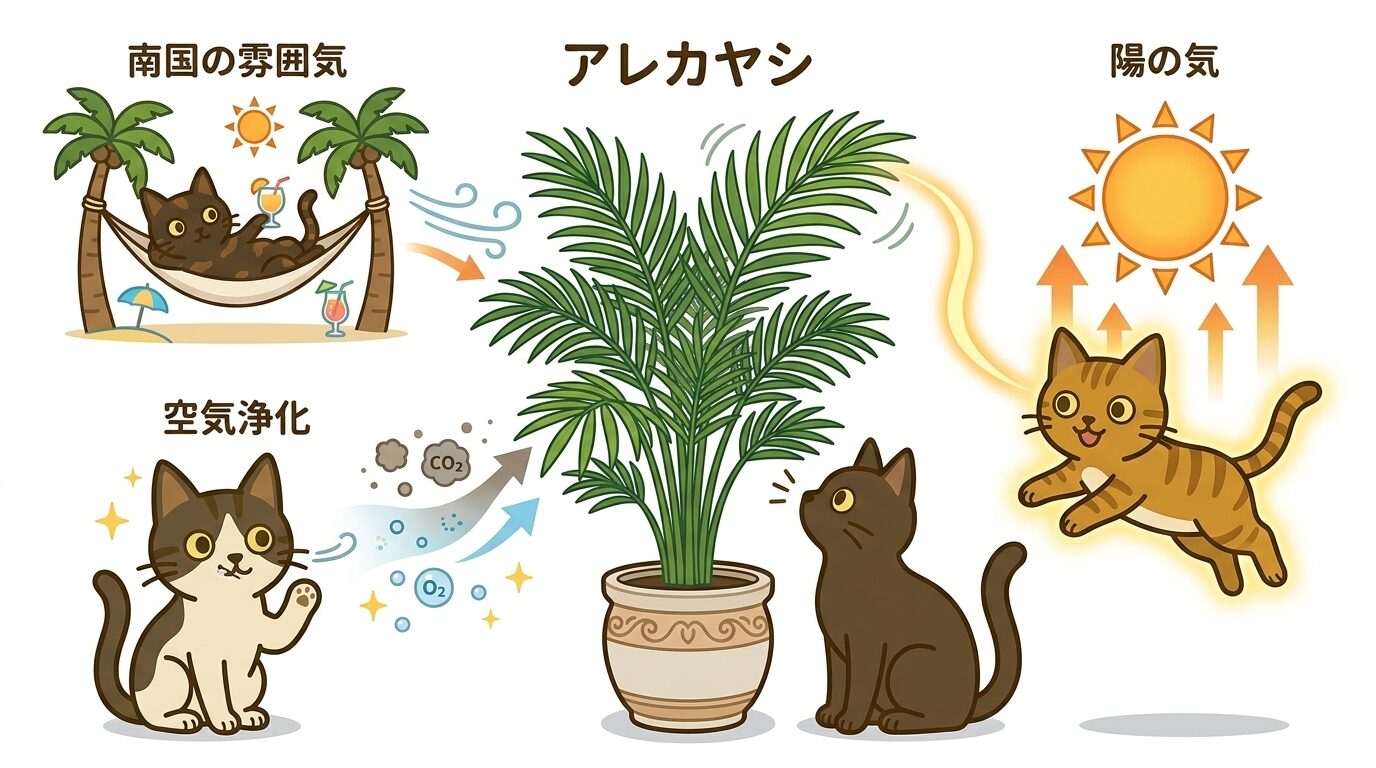 アレカヤシの特徴と猫との相性をまとめたイラスト