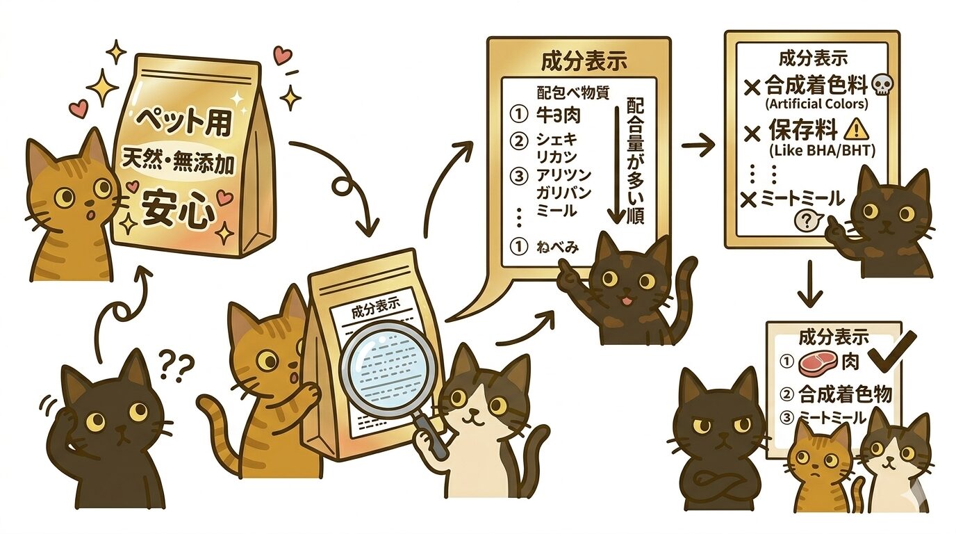 ペット用製品の成分表示の確認ポイントのイラスト解説
