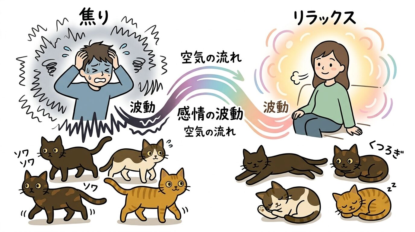 焦っている飼い主と落ち着かない猫、穏やかな飼い主とくつろぐ猫の対比イラスト