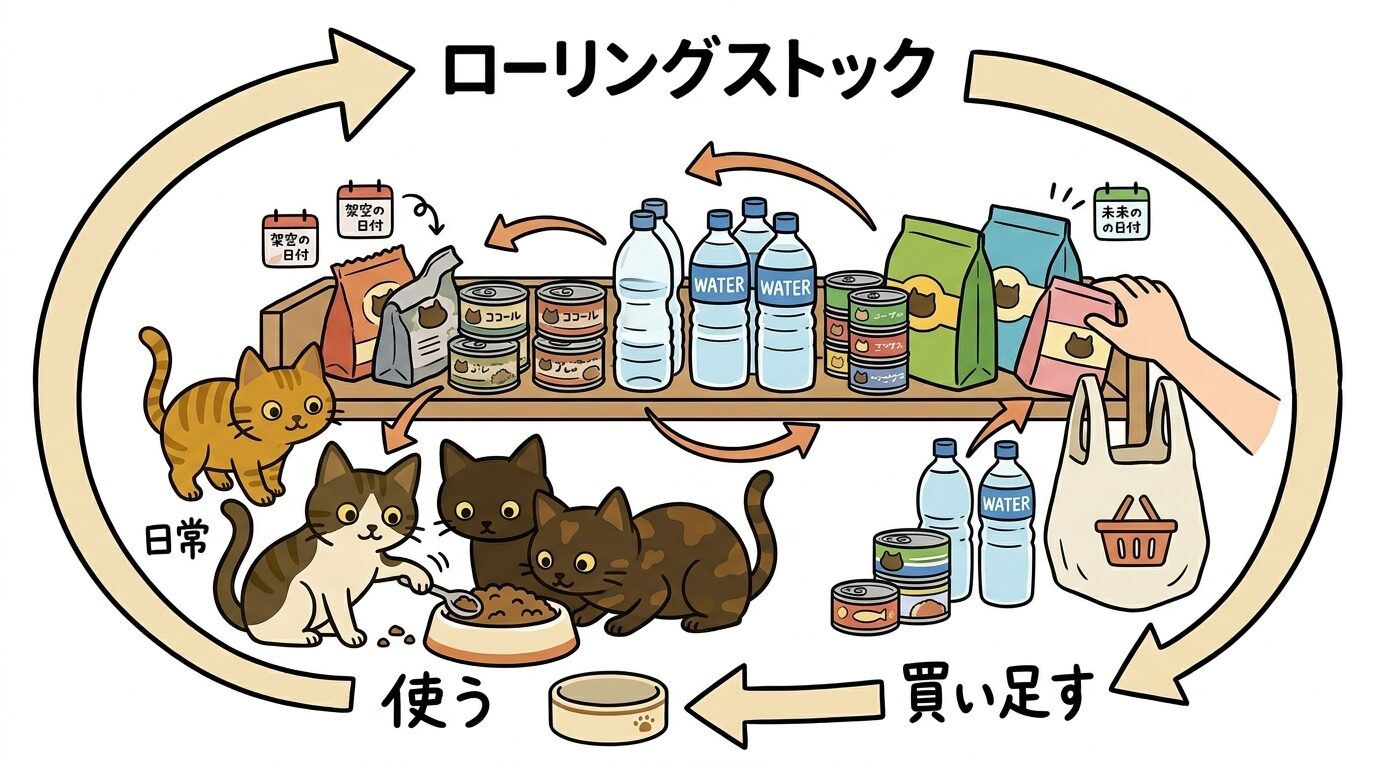 フードと水が棚に並び、古いものから順に使い新しいものを買い足す循環を示したイラスト