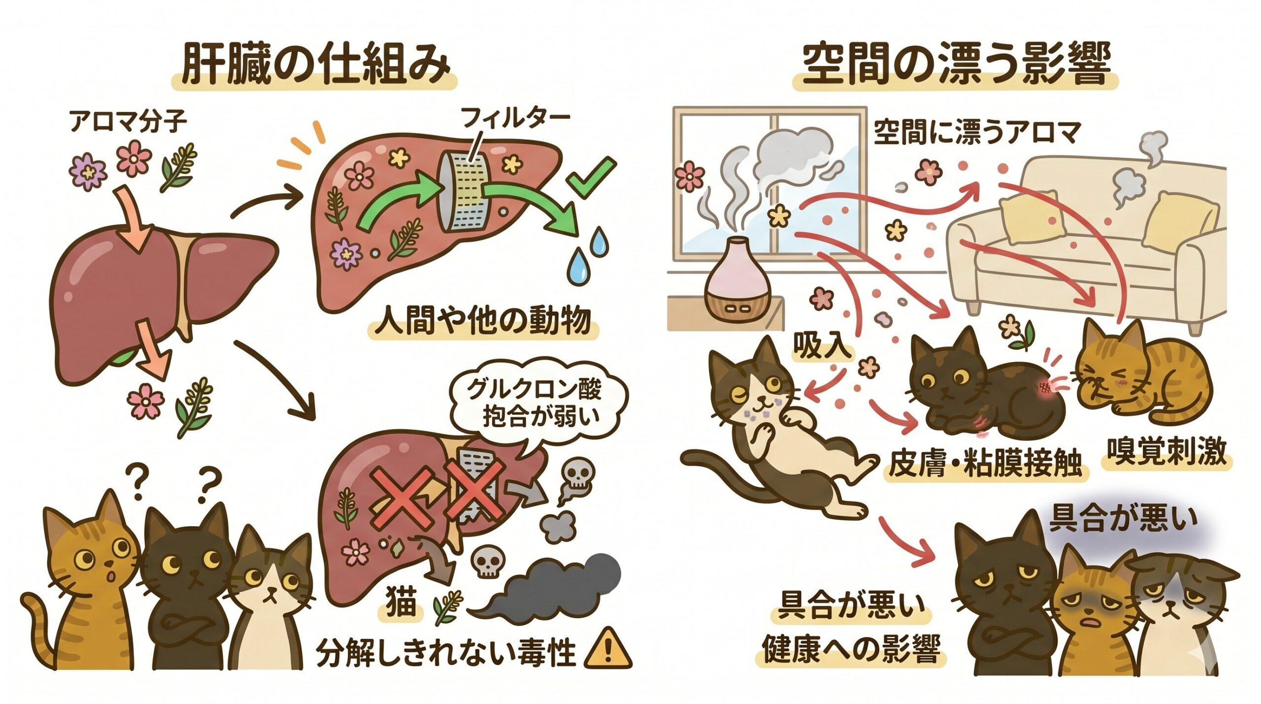 猫とアロマ・精油の関係のイラスト解説