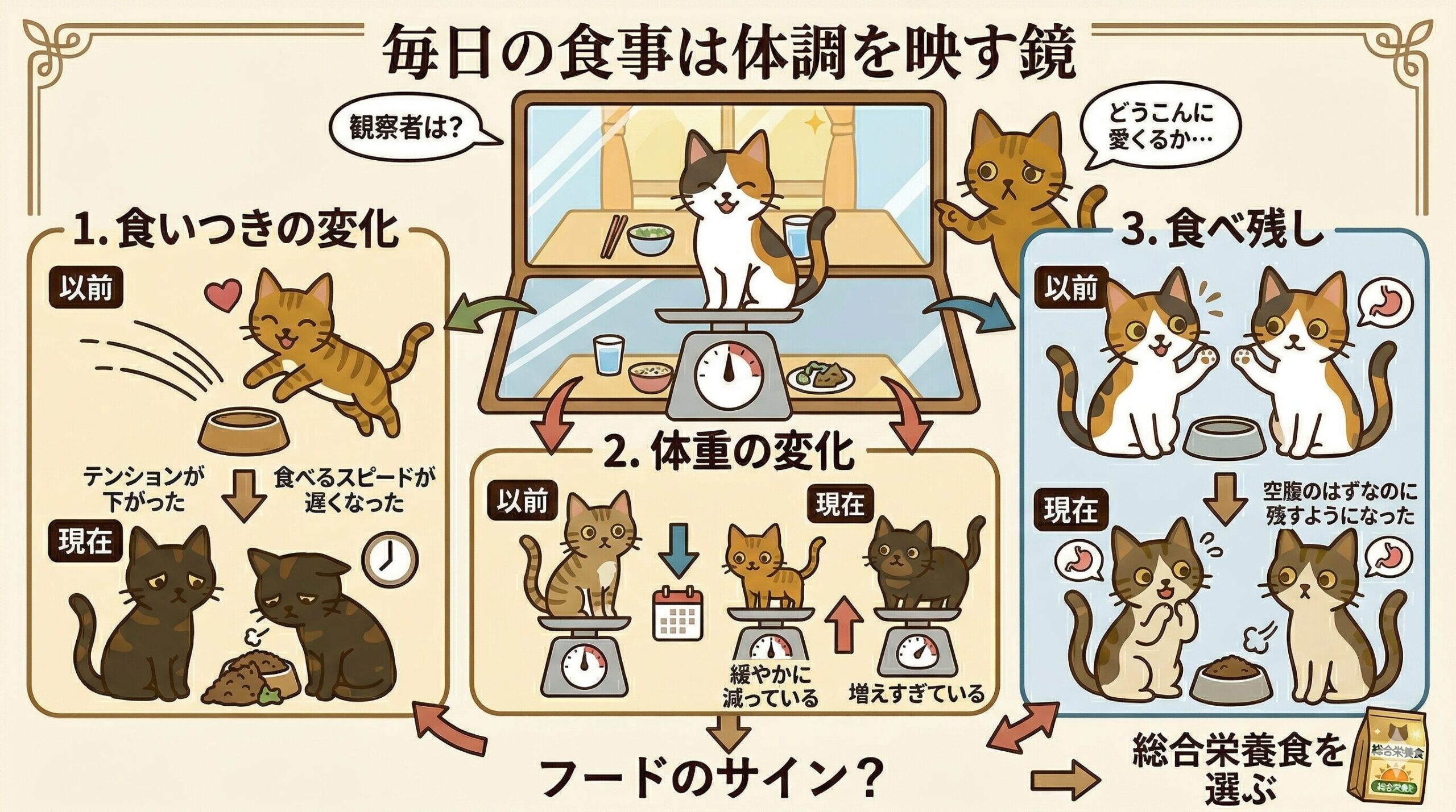 猫の食いつきや体重変化のサインをまとめたイラスト