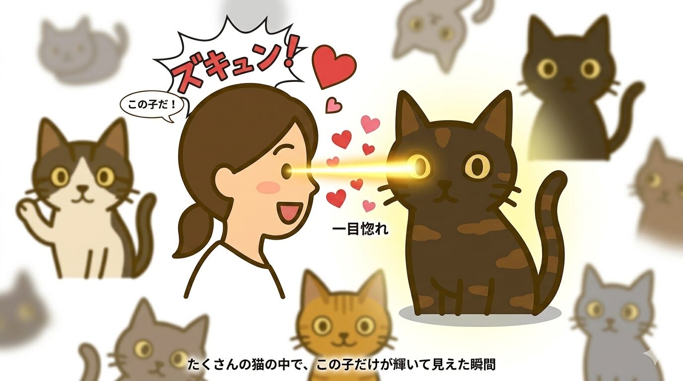 たくさんの猫の中で一匹だけ目に入った一目惚れの瞬間を描いたグラフィックレコード