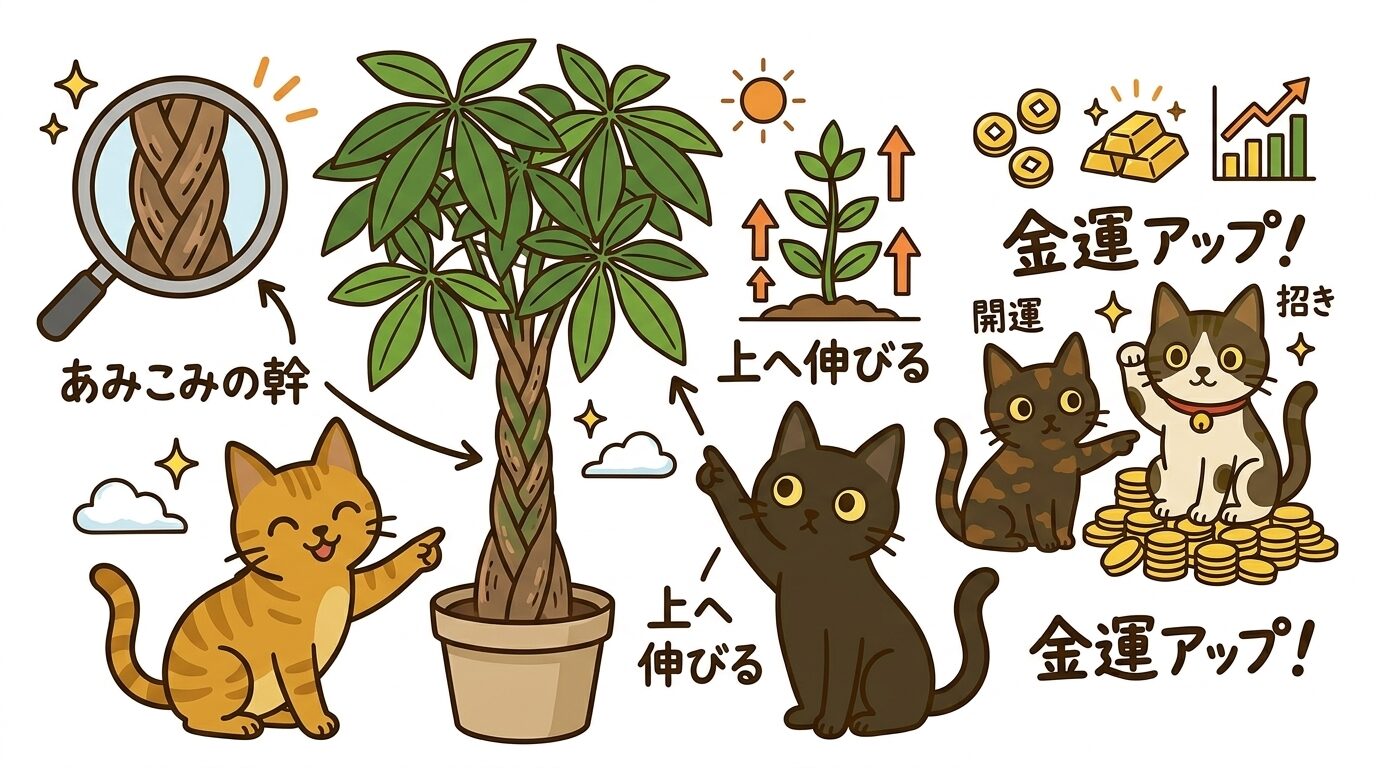 パキラの特徴と猫との相性をまとめたイラスト