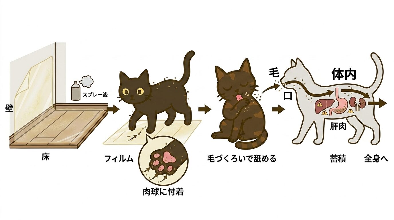 スプレー式殺虫剤の残留成分と猫の毛づくろい経由の摂取リスクを示すグラフィックレコード