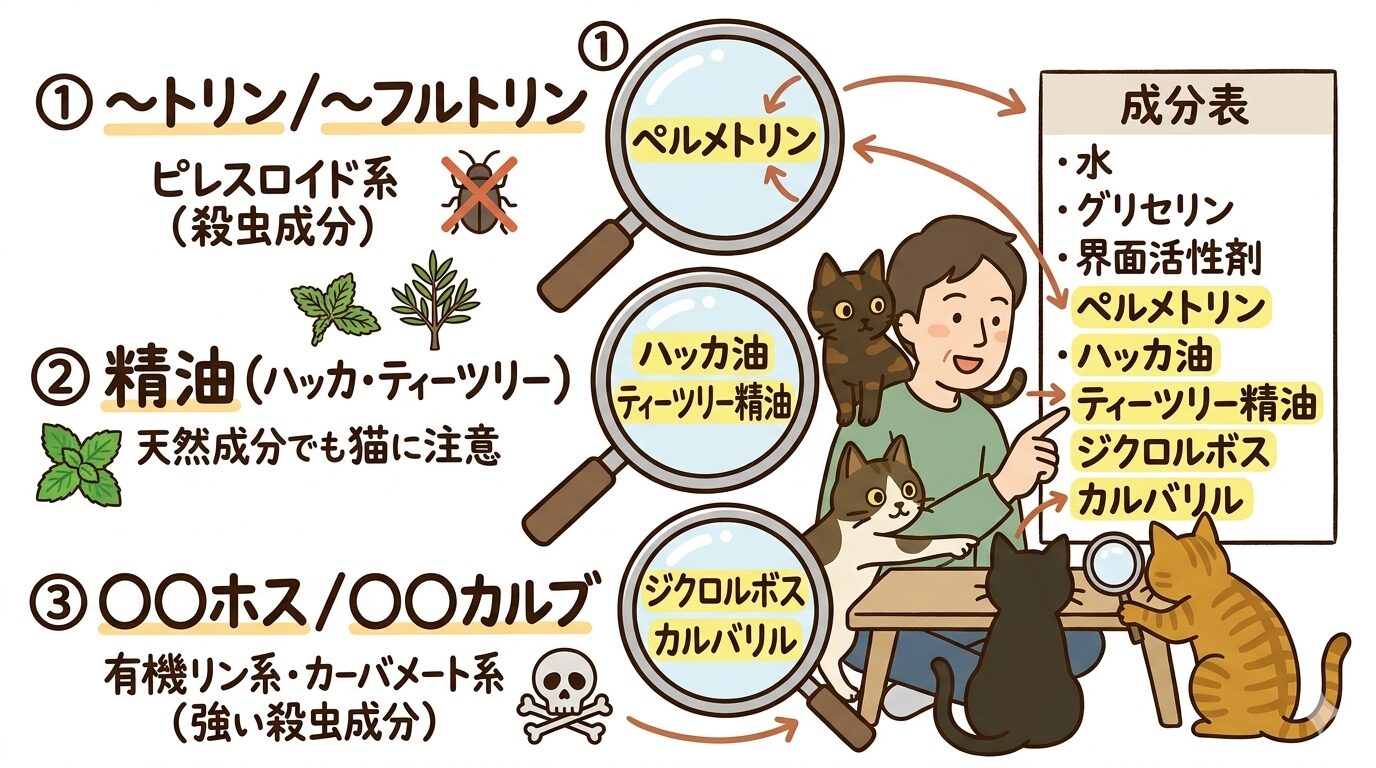 成分表を3つのチェック項目で確認する方法を示すグラフィックレコード