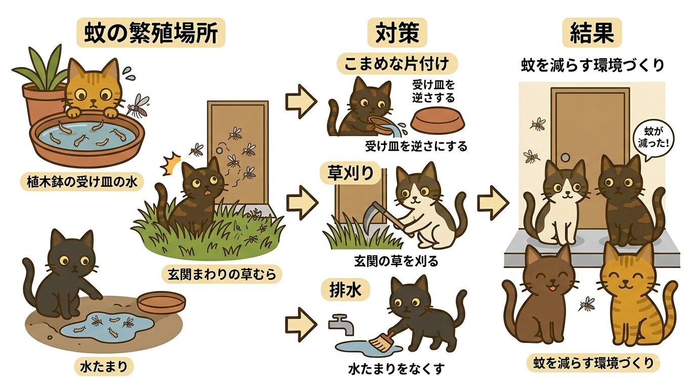 水たまりや草むらの管理で蚊を寄せつけない環境づくりのイラスト解説