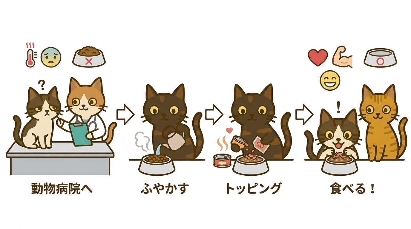 ドライフードを食べなくなったときに確認するポイントをキャラクター猫で図解したグラフィックレコード