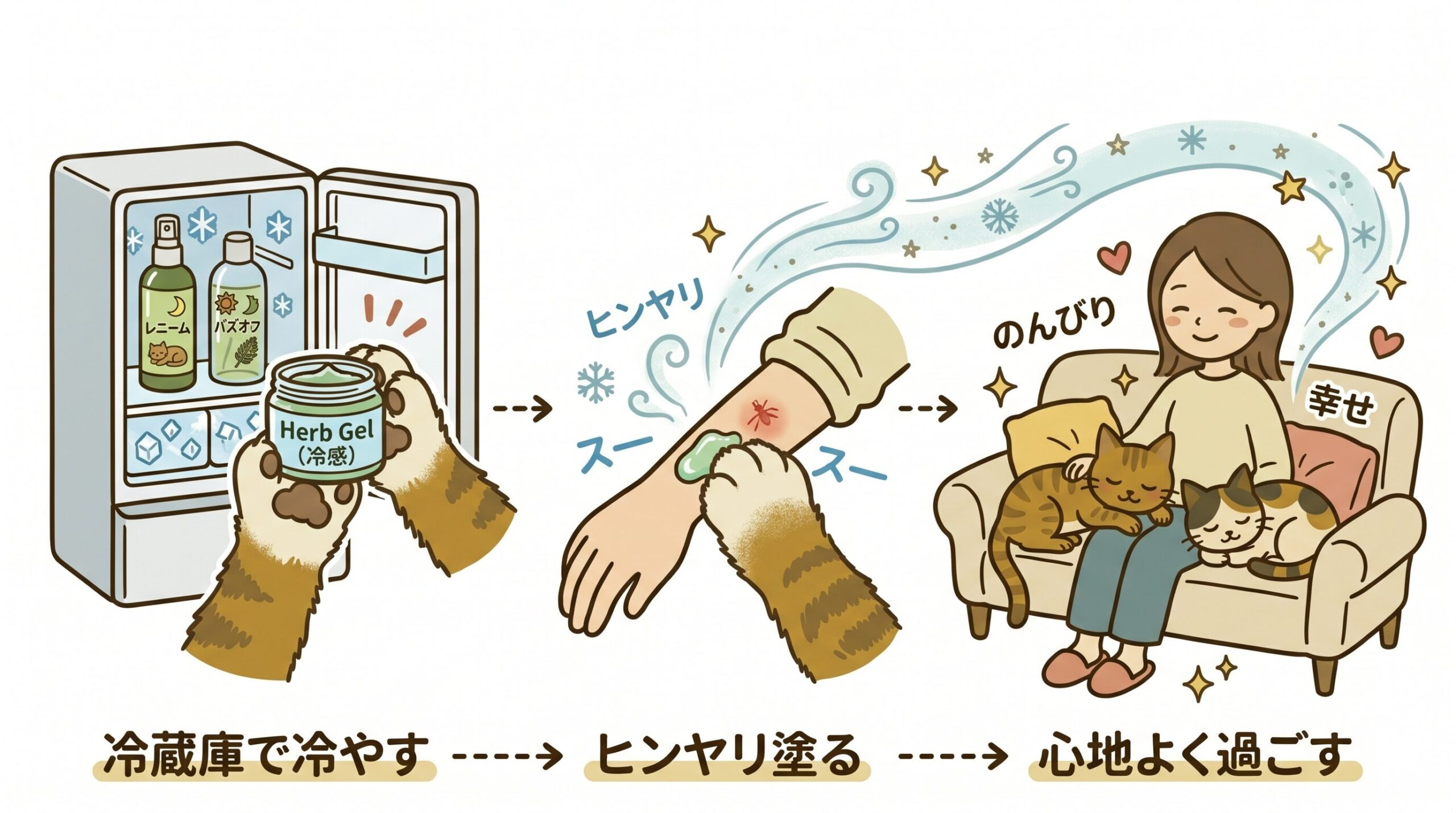 飼い主が天然ハーブジェルで虫刺されケアをしている様子のイラスト