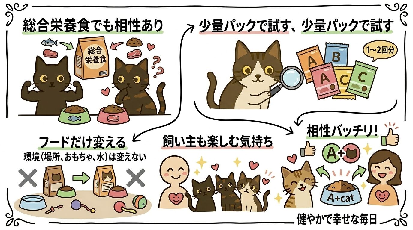 試しながらフードを選ぶ考え方をキャラクター猫で図解したグラフィックレコード