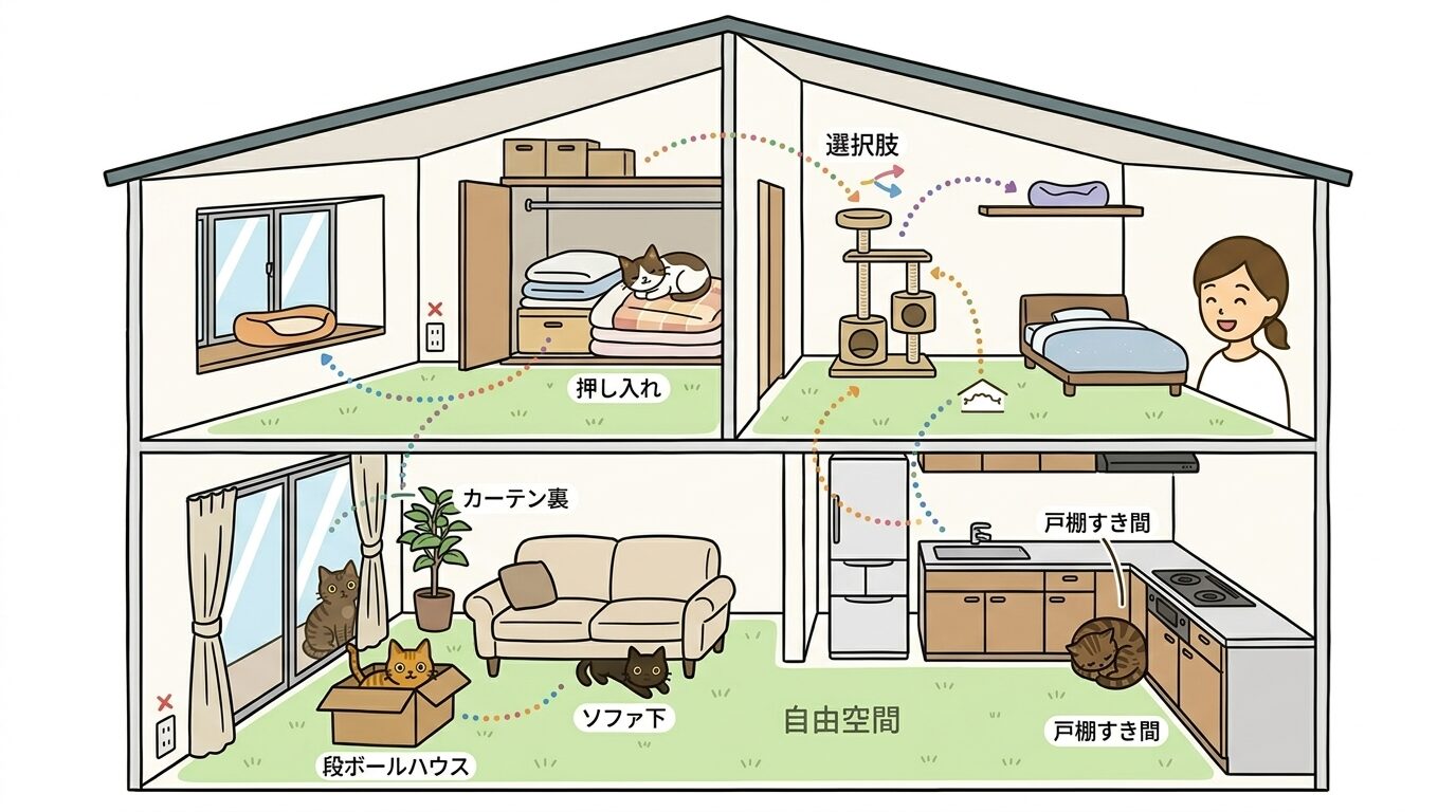 家全体に散りばめられた隠れ場所でそれぞれくつろぐ猫たちと、自由に動ける動線のイラスト