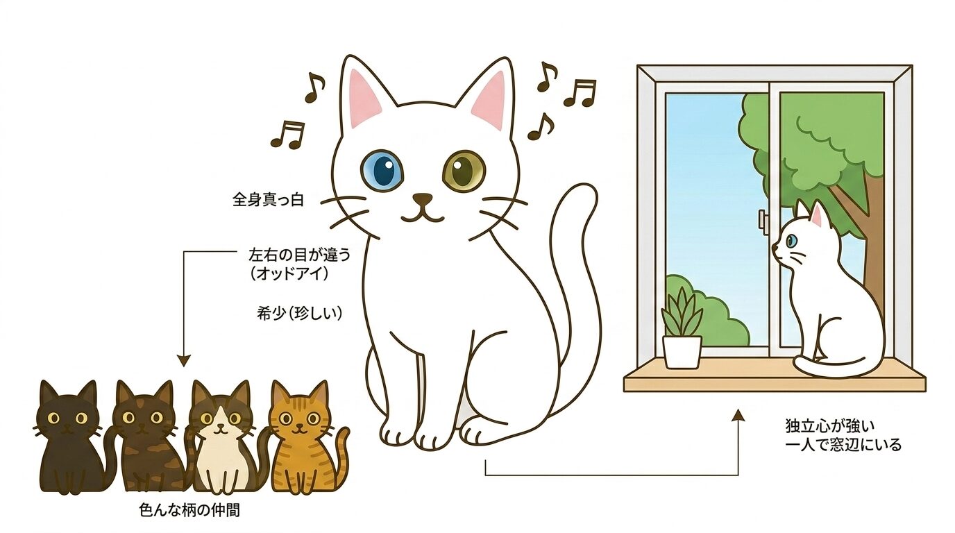 白猫の特徴とオッドアイ・聴覚の関係を示すグラフィックレコード