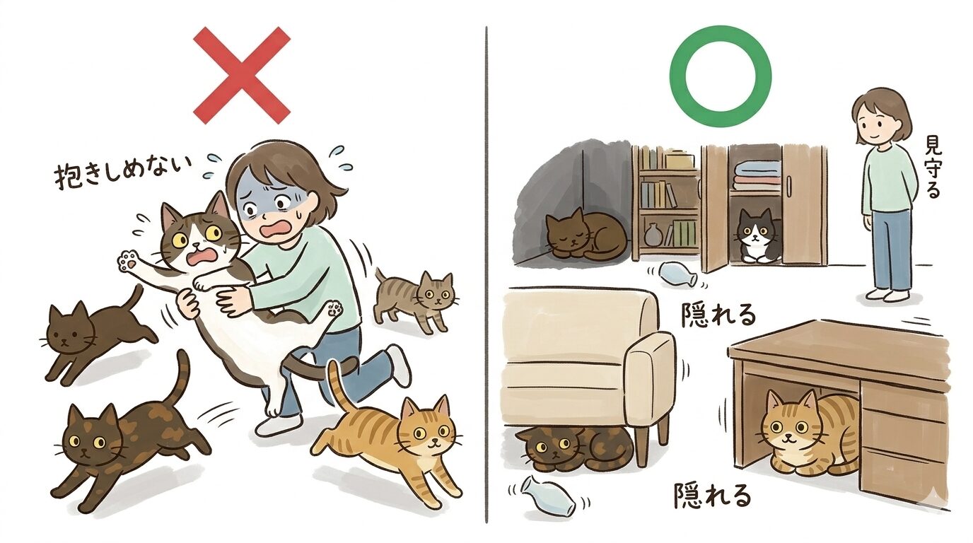 抱きしめようとする人から逃げたがる猫と、自分で隠れ場所を選ぶ猫の対比イラスト