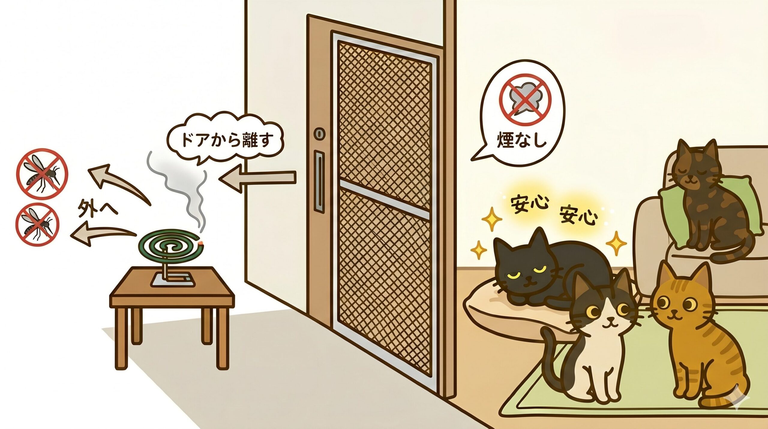 玄関外に天然除虫菊の蚊取り線香を置く使い方のイラスト解説