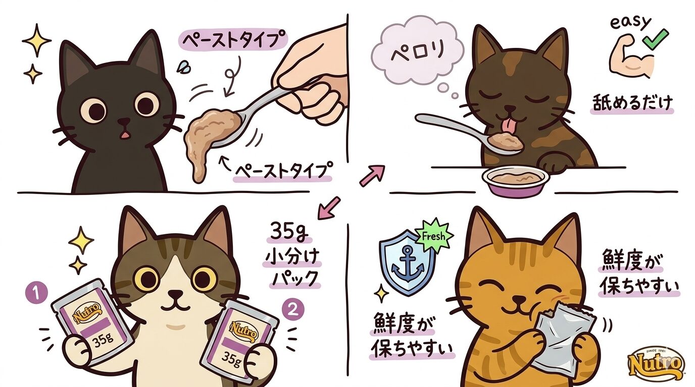 ニュートロ デイリーディッシュの特徴をキャラクター猫で図解したグラフィックレコード