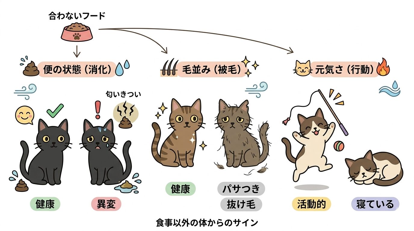 猫の便や毛並みの変化を観察するポイントのイラスト