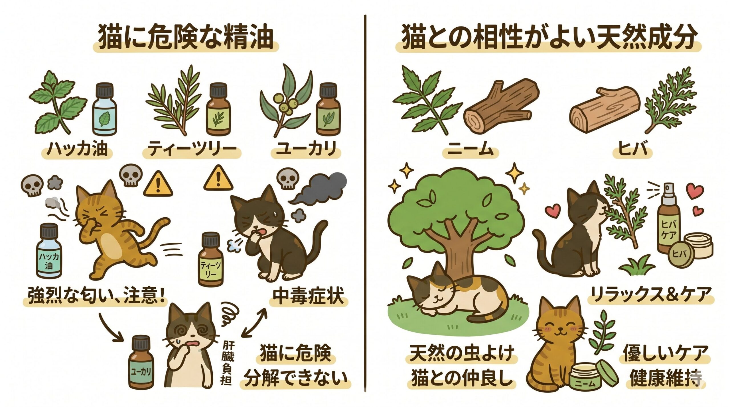 猫に注意が必要な精油と相性のよい天然成分の比較イラスト