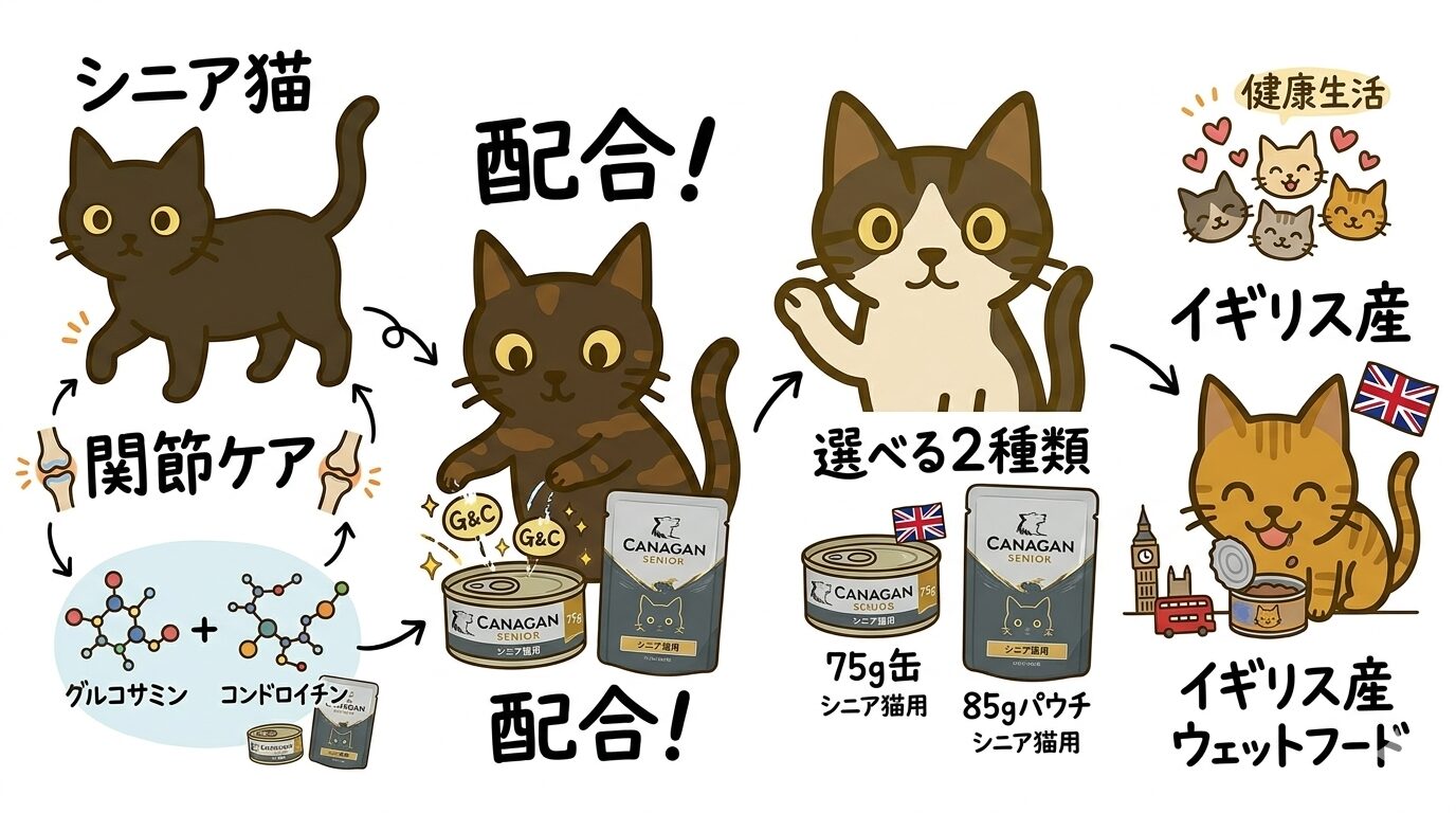 カナガンシニアの特徴をキャラクター猫で図解したグラフィックレコード