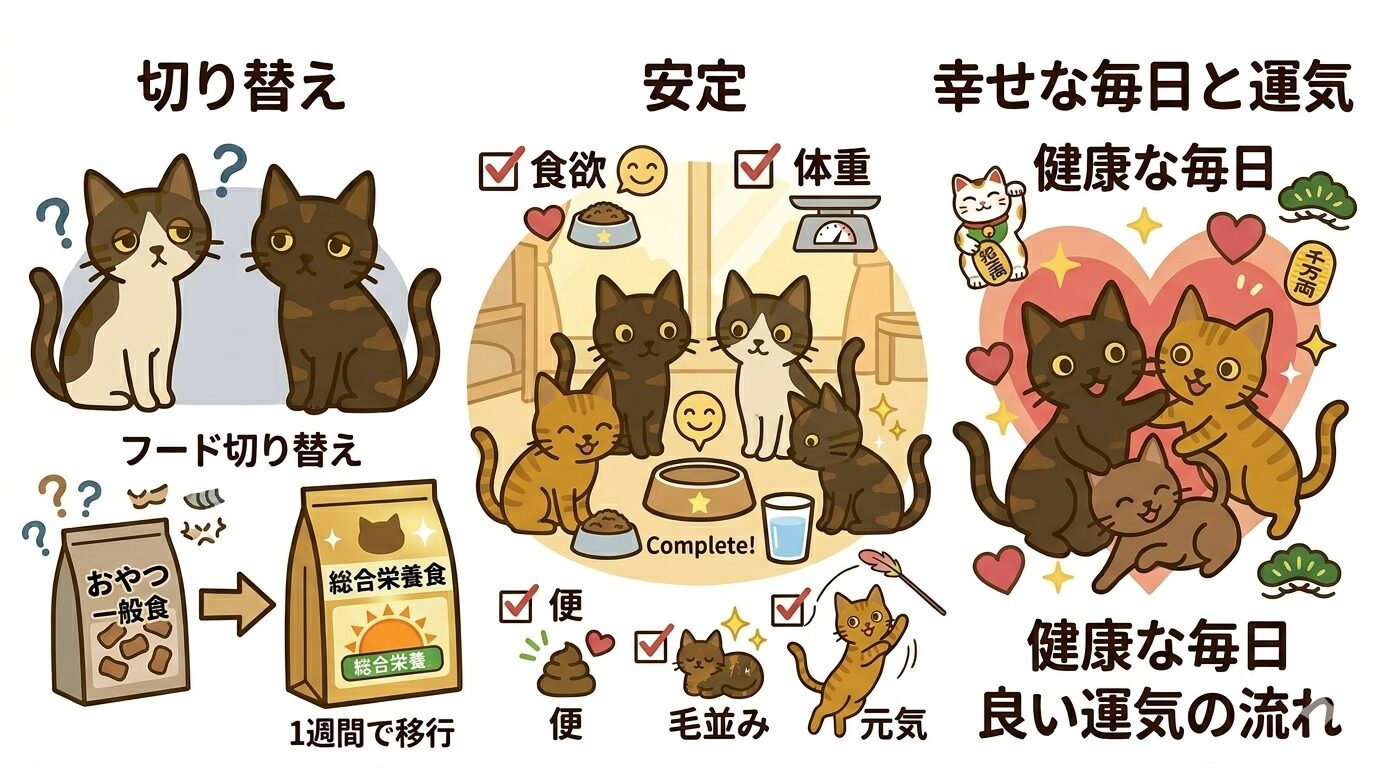猫のフード継続チェックポイントをまとめたイラスト