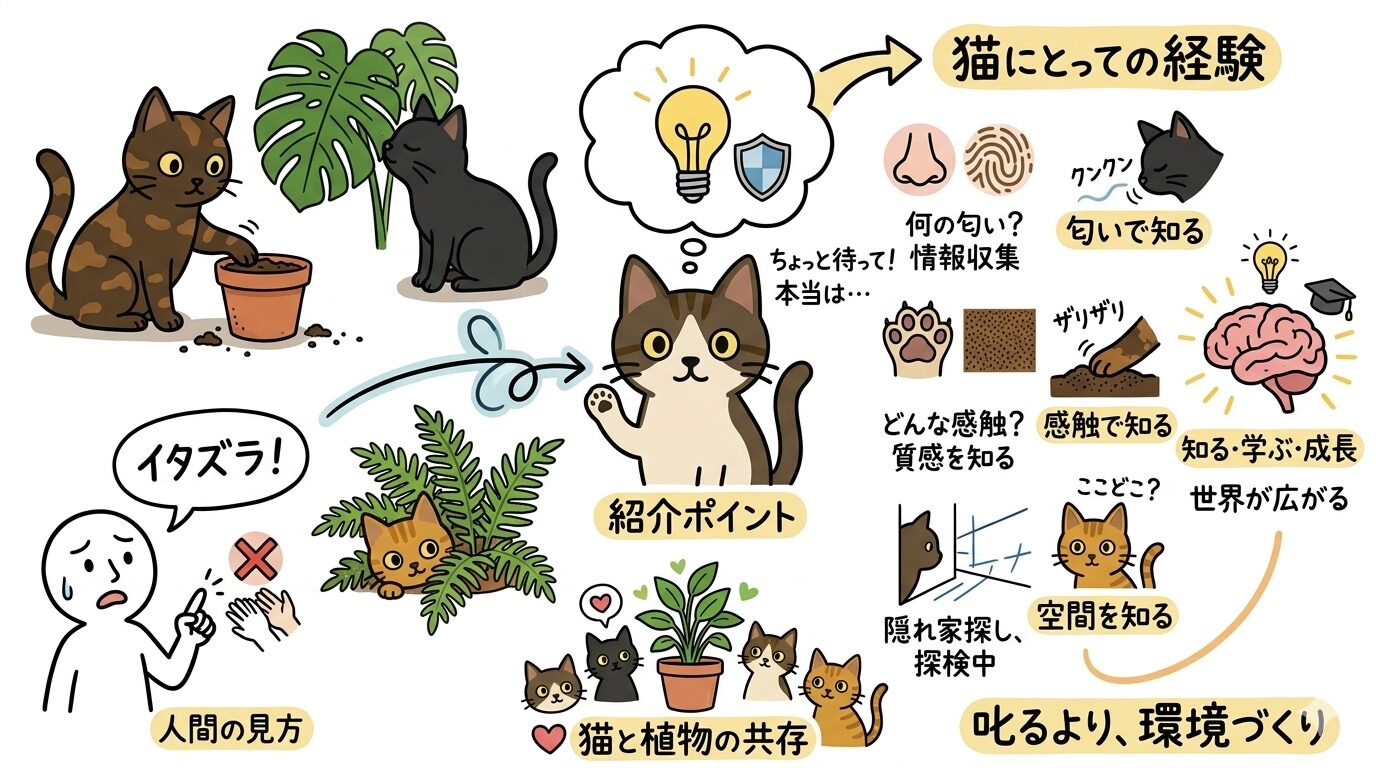 鉢植えの土や葉に触れる猫のイラスト