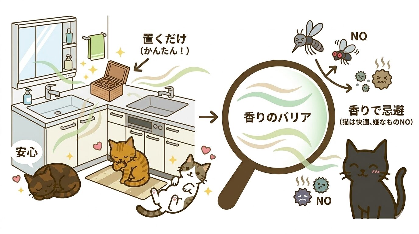 ヒバチップを水場に置いて虫を遠ざけるイラスト