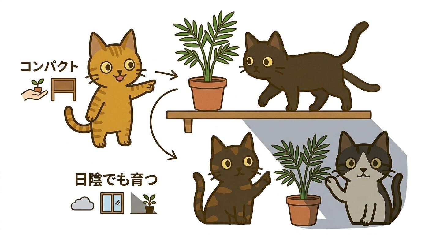 テーブルヤシの特徴と猫との相性をまとめたイラスト