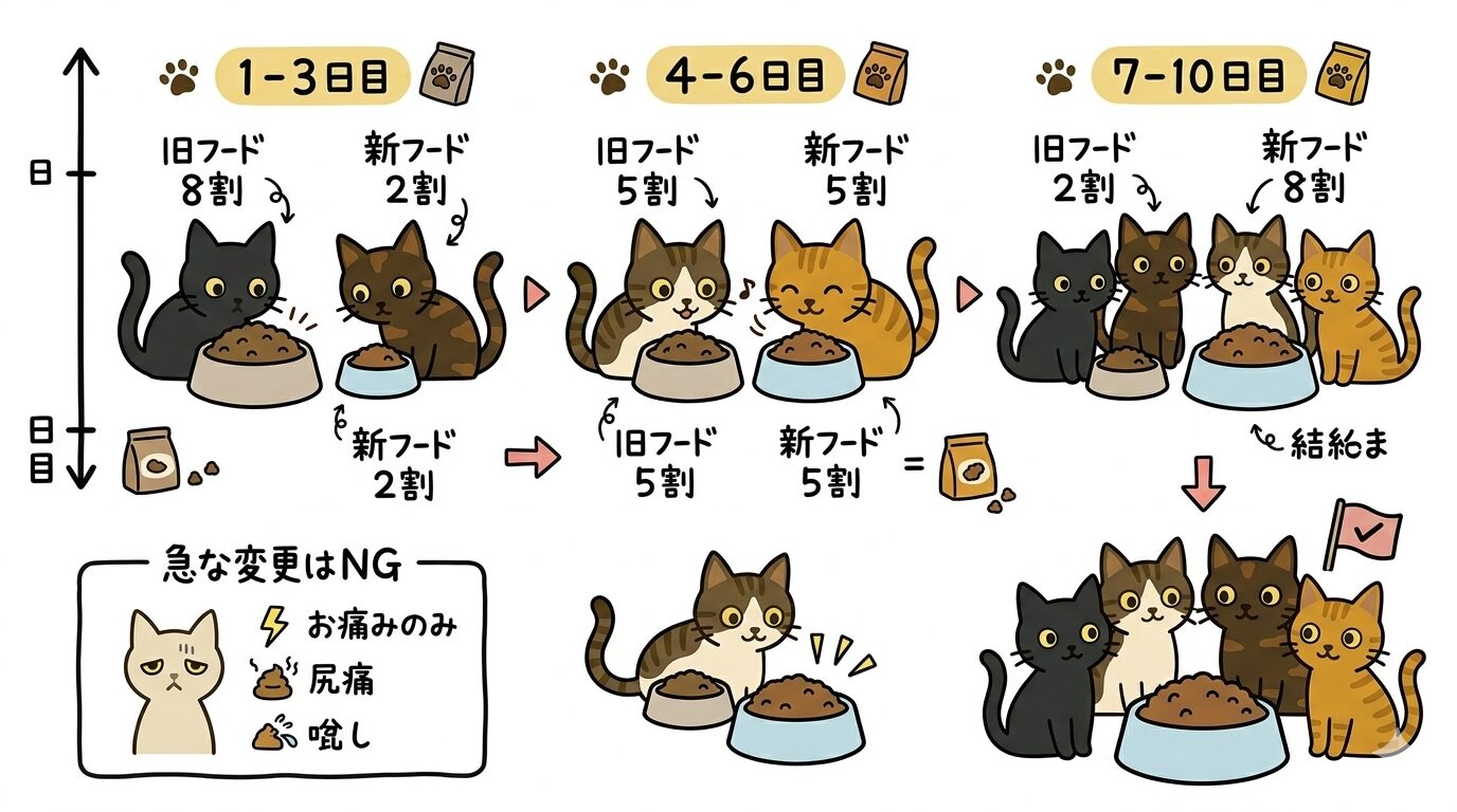 猫のフード切り替え手順を段階的に示したイラスト