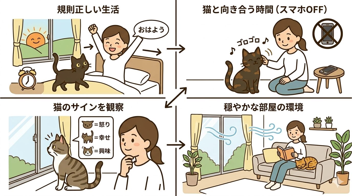 波動を整えて猫との絆を深める日常習慣を描いたグラフィックレコード