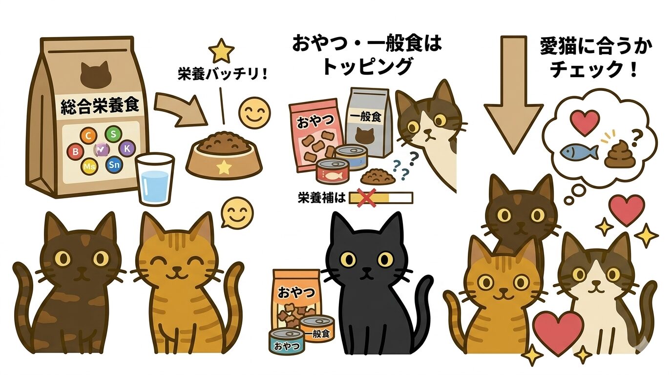 総合栄養食と一般食の違いを図解したイラスト