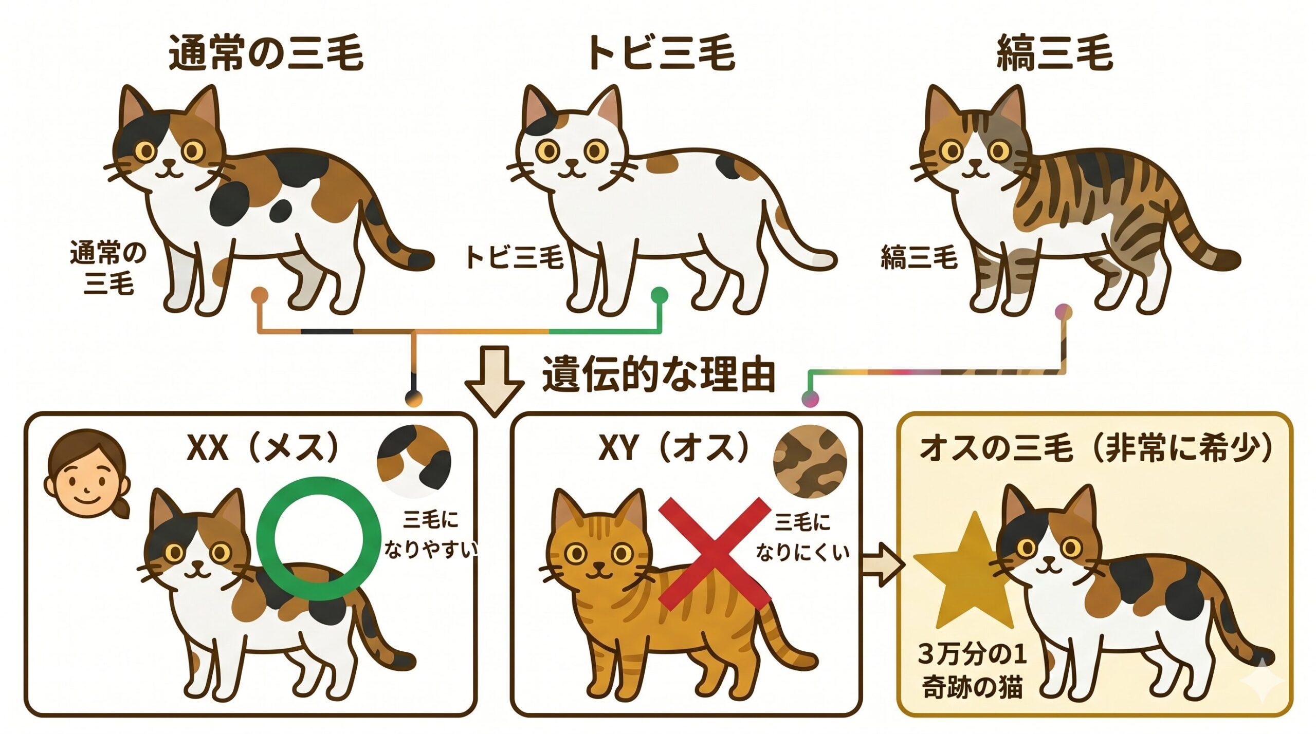 三毛猫のバリエーションとオスが生まれにくい理由を示すグラフィックレコード