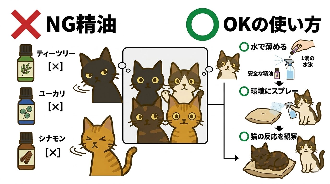 猫にNGな精油と安全な使い方の見分け方イラスト